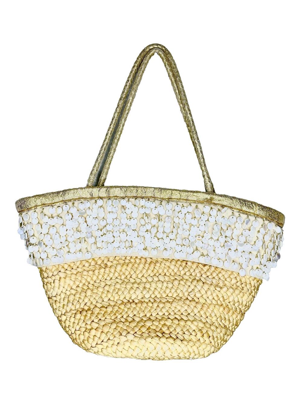 Sigrid Olsen Tote Bag Womens Gold Trim White Sequins Beach Resort Straw Woven